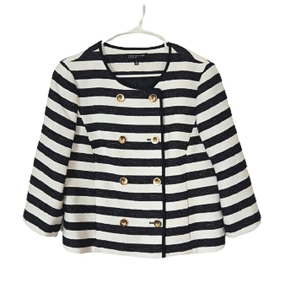 Jones New York Signature Navy White Stripe Double Breasted Cropped Blazer 12 - Picture 1 of 11